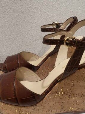 Etienne Aigner Brown Croc-Embossed Cork Wedge Sandals Size 10